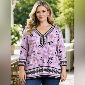 JM Collection Lavender Floral V-Neck Tunic